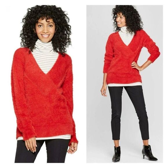 NWT A New Day Women's V-Neck Eyelash Pullover Sweater red size small - Picture 1 of 10